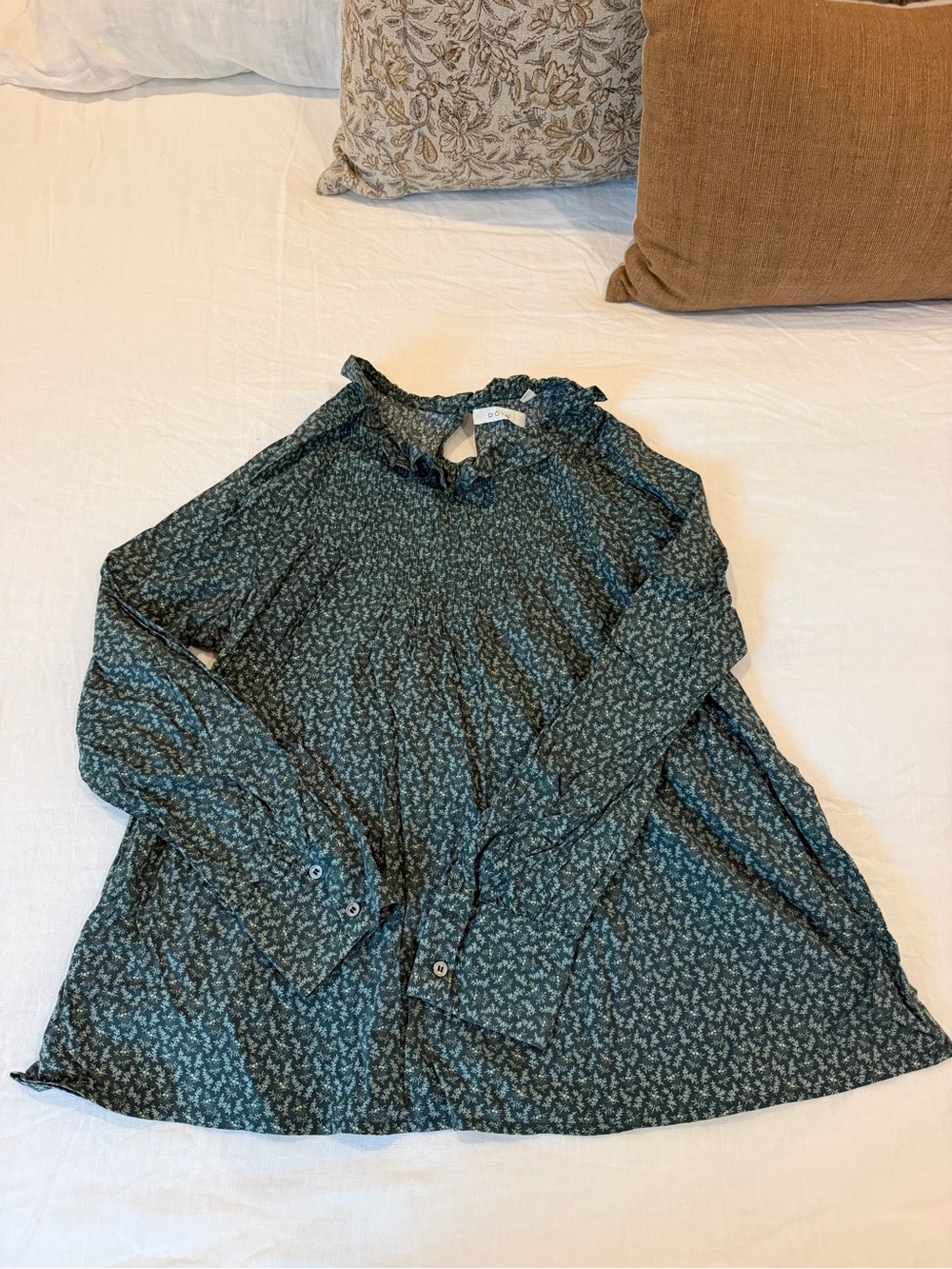 Doen Teal Green Floral Ruffle-Neck Long Sleeve Top